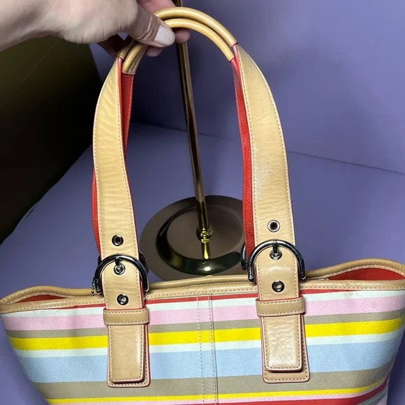 Vintage 2004 Coach Hamptons Daisy Multicolor Striped Handbag Cotton Leather Y2K - Picture 13 of 16